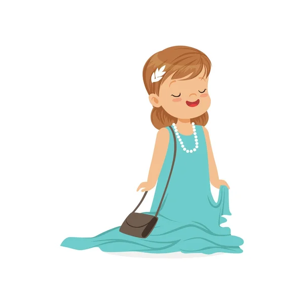 Piękna dziewczyna noszenia kobiece przewymiarowany niebieska sukienka, udając się dorosły dziecko ilustracja wektorowa — Wektor stockowy