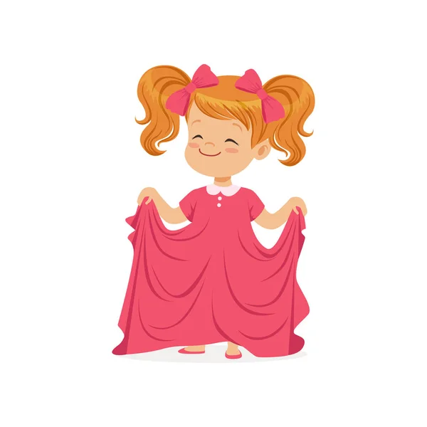 Söt rödhårig tjej bär dult överdimensionerade rosa klänning, kid låtsas vara vuxen vektor Illustration — Stock vektor