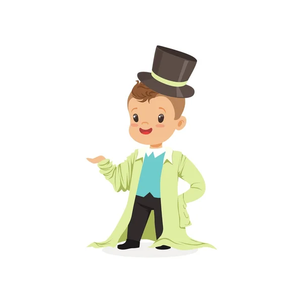 Adorable boy wearing dult oversized clothes and black top hat, kid pretending to be adult vector Illustration — Wektor stockowy