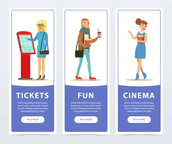 Mensen gaan kijken naar films, set cinema banners platte vectorelementen voor website of mobiele app — Stockvector