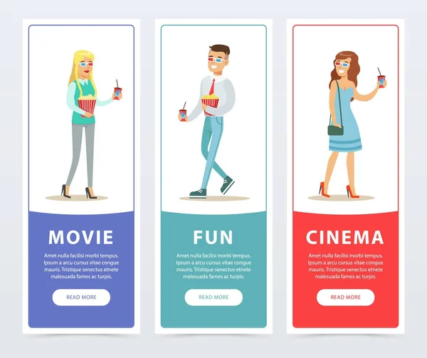 Människor kommer att titta på filmer, ange tre film banners platta vector-element för webbplatsen eller mobilappen — Stock vektor