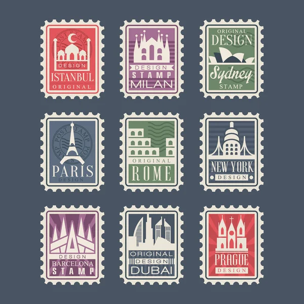 Collection of stamps from different countries with architectural landmarks, vector Illustrations, city stamps with symbols — Stock Vector