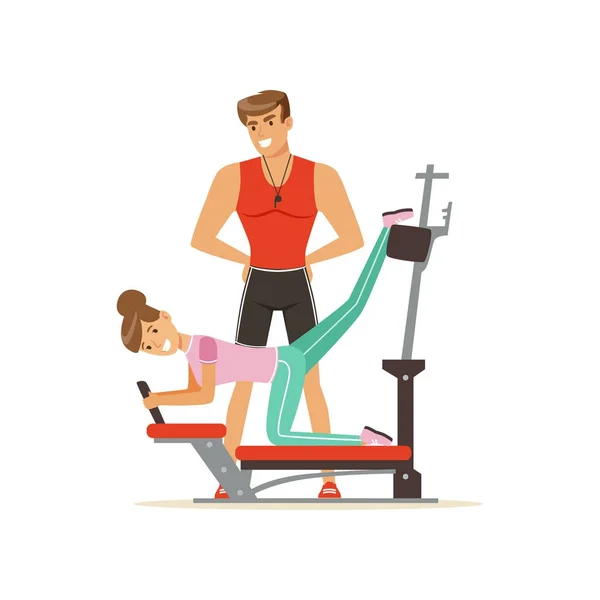 Professional fitness coach and woman exercising on trainer gym machine, people exercising under control of personal trainer vector Illustration — Stock Vector