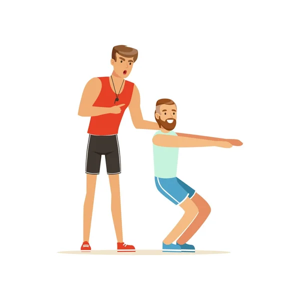 Entraîneur de fitness professionnel et squattage d'homme, personnes exerçant sous le contrôle d'un entraîneur personnel vecteur Illustration — Image vectorielle