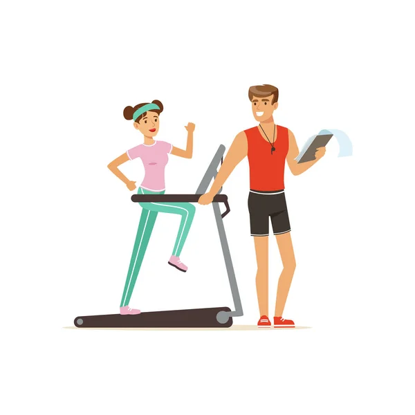 Professional fitness coach and young woman running on thread mill, people exercising under control of personal trainer vector Illustration — Stock Vector