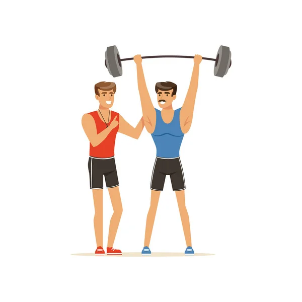 Professionele fitness coach en bodybuilder man uitoefenen met barbell, mensen uitoefening onder controle van persoonlijke trainer vector illustratie — Stockvector