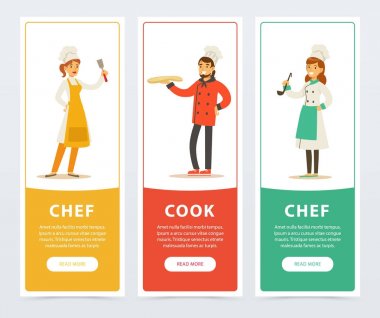 Set of vertical banners with restaurant workers clipart