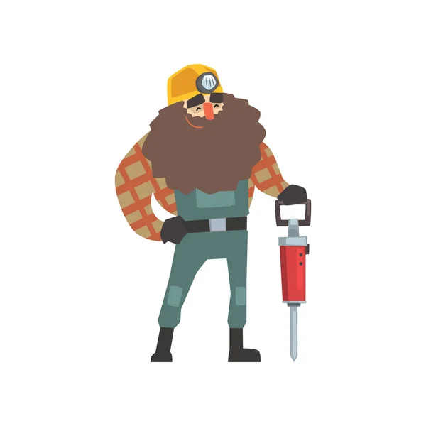 Улыбающийся бородатый шахтер с отбойным молотком — стоковый вектор
