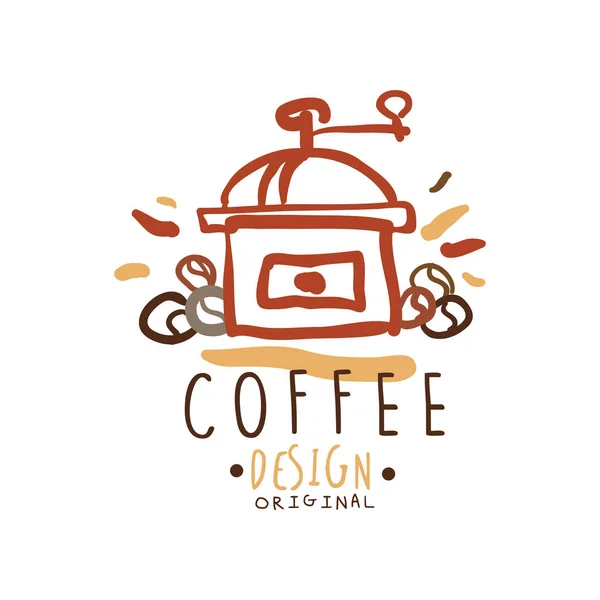 Kézzel rajzolt eredeti logó tervezés, kávédaráló — Stock Vector