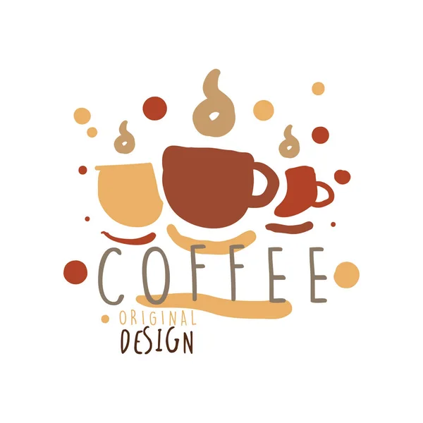 Csésze forró kávéval kézzel rajzolt eredeti logo tervezés — Stock Vector