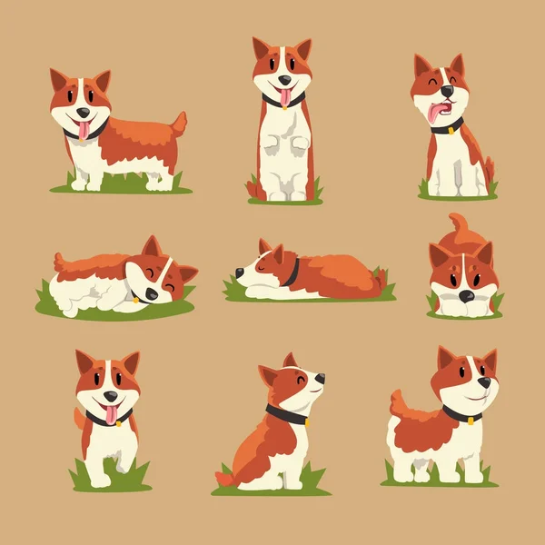 Set di cani corgi dai capelli rossi cartone animato — Vettoriale Stock