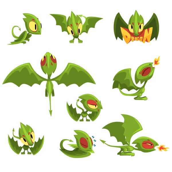 Set of cartoon green baby dragon character in different situations — Stock Vector