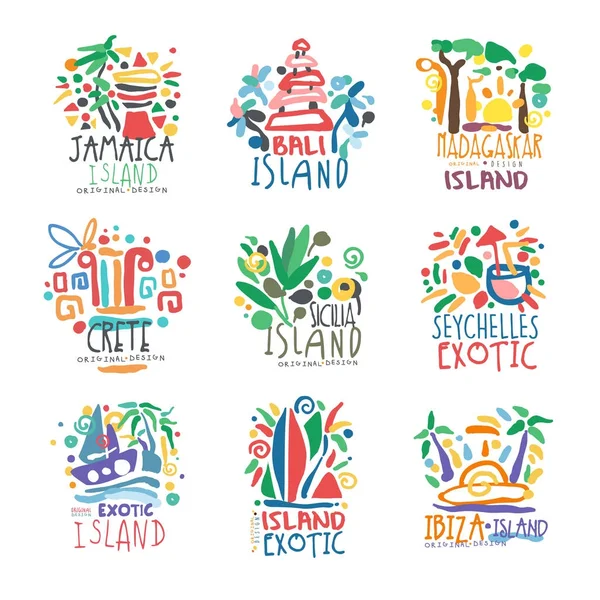 Exotic islands summer vacation colorful logo set — Stock Vector