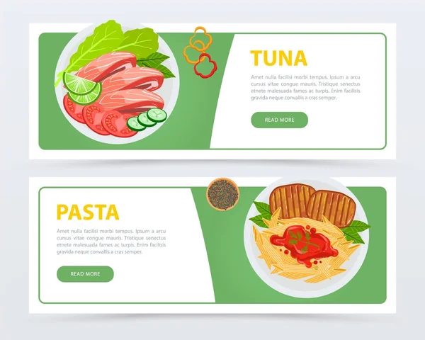 Restaurant banners met verschillende ingrediënten en gerechten bovenaanzicht — Stockvector