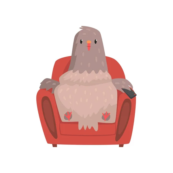 Funny pigeon in red armchair with tv remote control — Stock Vector