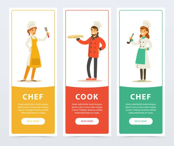 Conjunto de pancartas verticales con trabajadores de restaurantes — Vector de stock