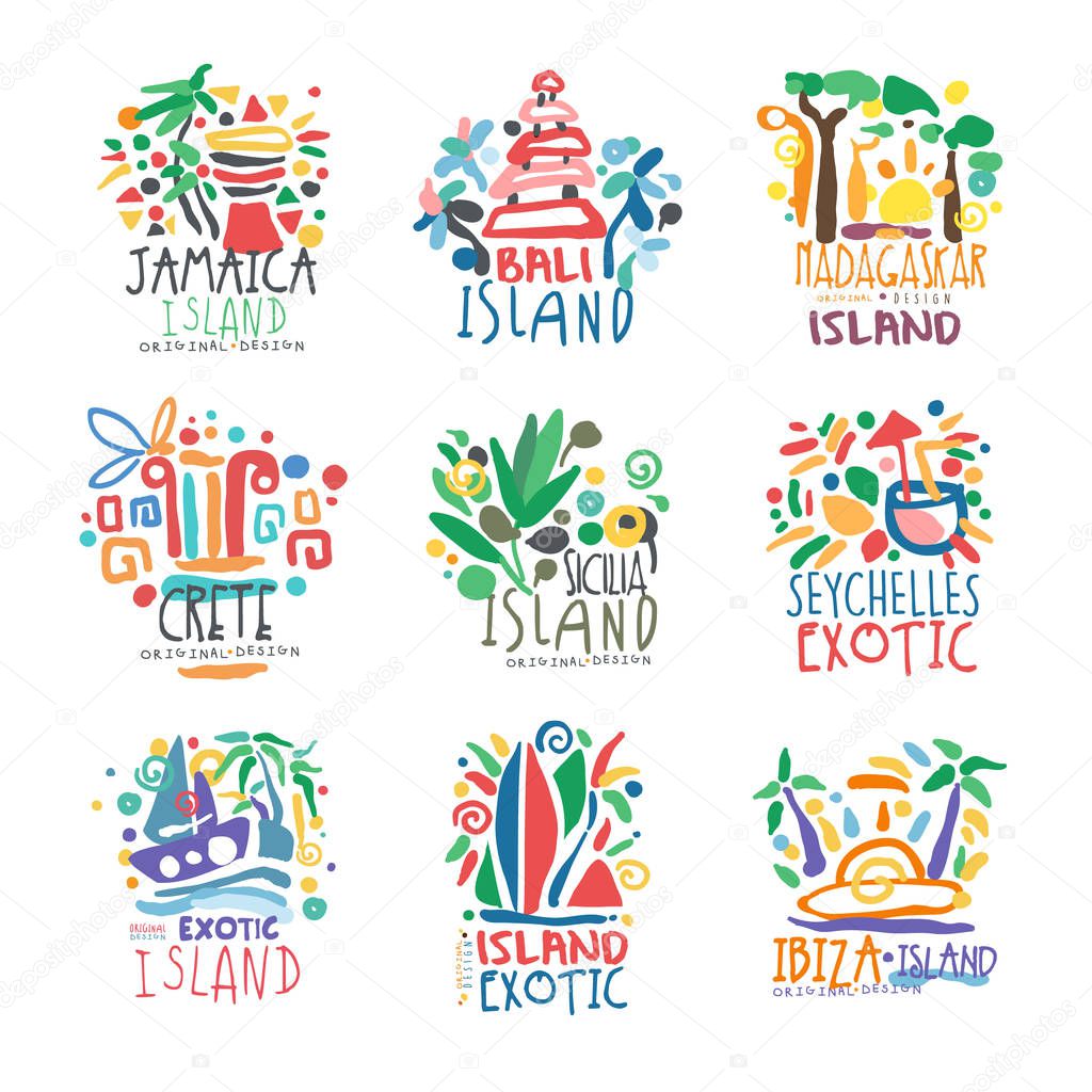 Exotic islands summer vacation colorful logo set