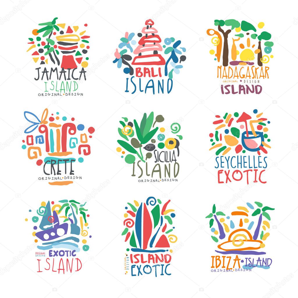 Exotic summer vacation colorful logo set. Tropical islands, Jamaica, Bali, Crete, Madagascar, Seychelles, Ibiza. Hand drawn template. Travel concept for agency, tour operator. Vector isolated on white