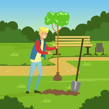 Düz adam karakter parkta ağaç dikme