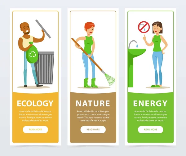 Banderas de estilo de vida ecológico con personas activas — Vector de stock