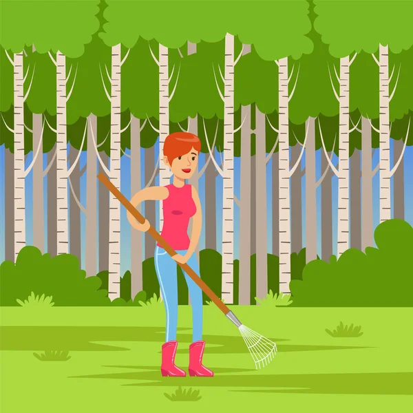 用妇女和耙清理树叶的生态生活方式概念 — 图库矢量图片