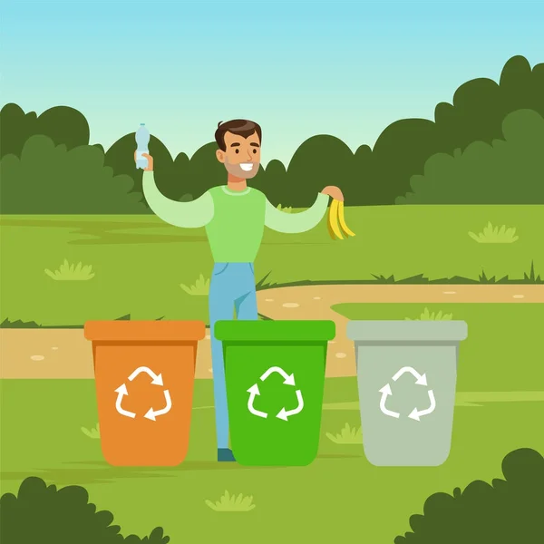 ゴミを捨てて男と生態学的なライフ スタイルのコンセプト — ストックベクタ