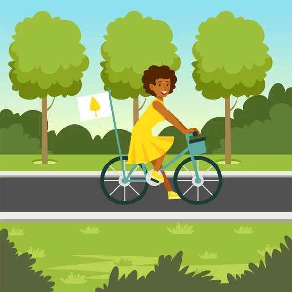 Fondo de naturaleza ecológica con chica montando en bicicleta — Archivo Imágenes Vectoriales