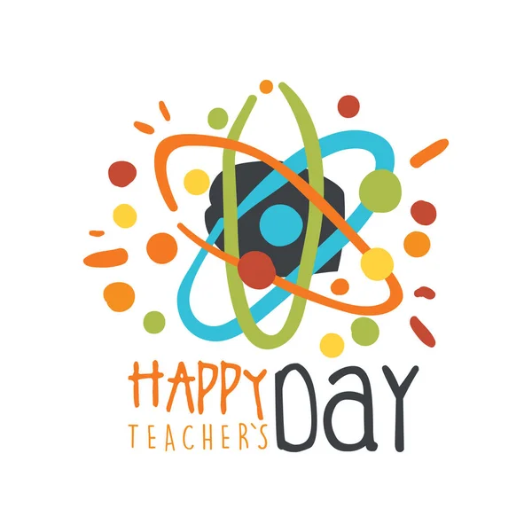 Šťastný den učitelů blahopřání s atomem — Stockový vektor