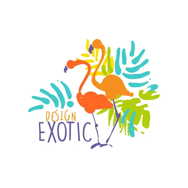 Modello di logo esotico disegnato a mano con coppia di uccelli fenicottero — Vettoriale Stock