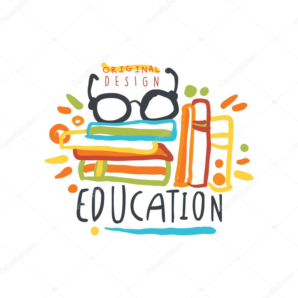 Education day label or badge concept with books and glasses. Logo original design for educational center, learning business, school or studying class. Back to school. Flat vector isolated on white.