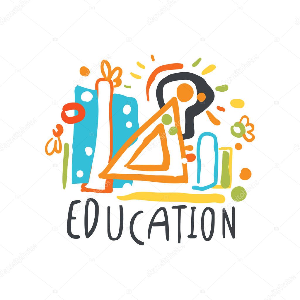 Education day label concept with educational supplies. Logo original design for educational center, learning business, school or studying class. Back to school emblem. Flat vector isolated on white.