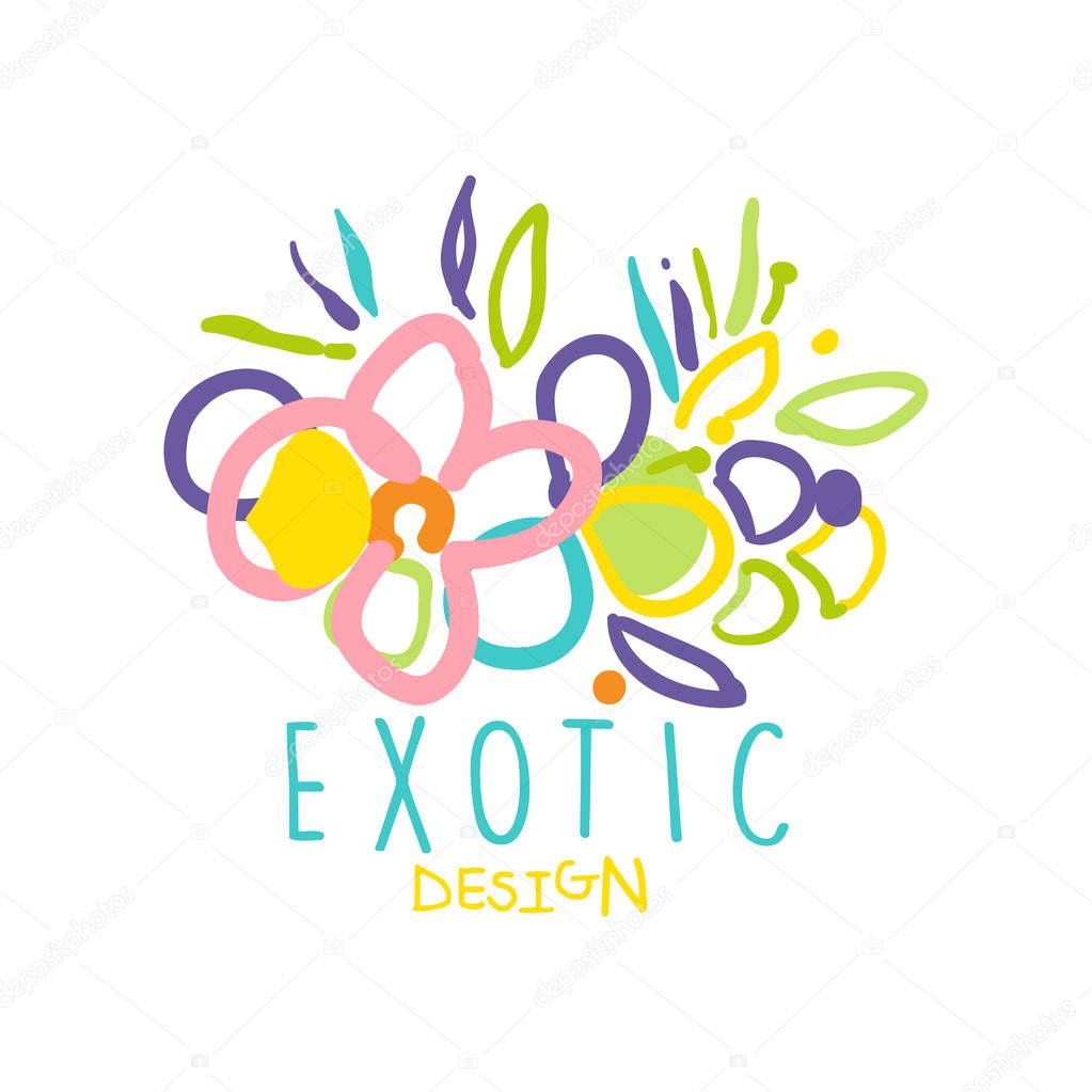 Colorful hand drawn exotic tropical logo template with floral elements. Kids drawing style. Creative abstract label for flower shop, shirt print, greeting card. Vector illustration isolated on white.
