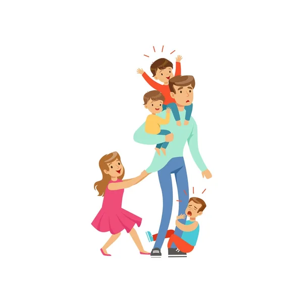 Dibujos animados agotado padre con sus cuatro pequeños niños traviesos — Vector de stock