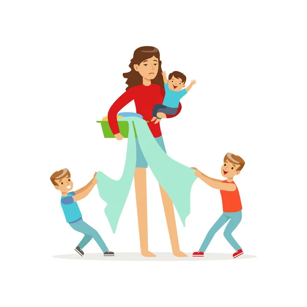 Desenhos animados ilustração da mãe e três filhos desobedientes — Vetor de Stock
