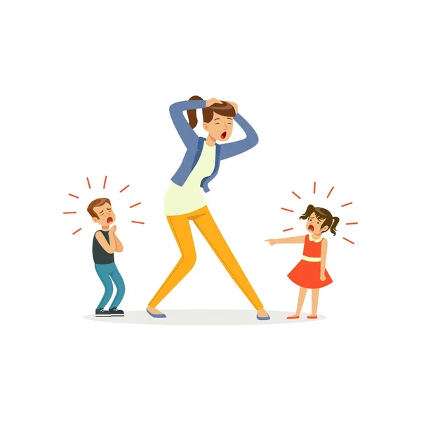 Illustration of screaming children and crying mother — Stock Vector