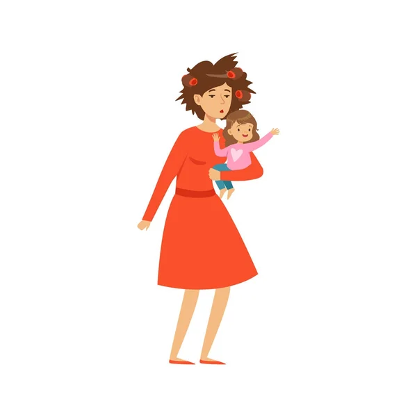 Mãe com cabelo desgrenhado segurando sua filhinha — Vetor de Stock