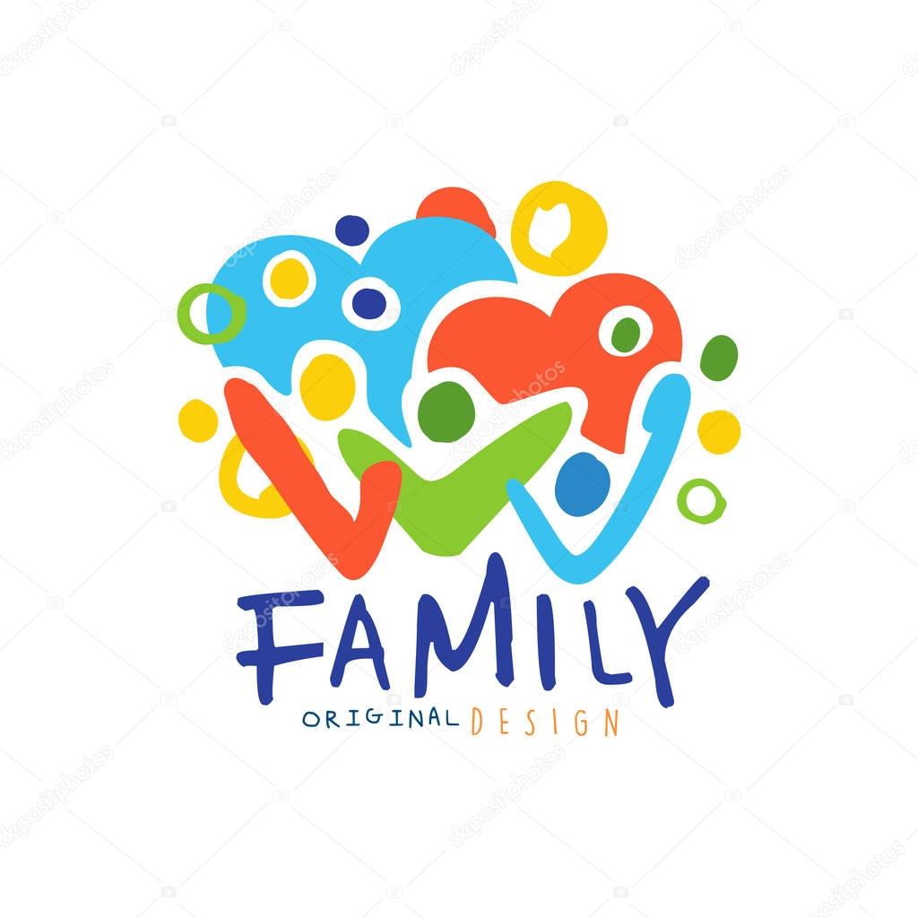 Colorful happy family logo design template. Label for family medicine practice, team, group, friendship. Family care concept with abstract people and hearts. Kids drawing style. Flat vector emblem.