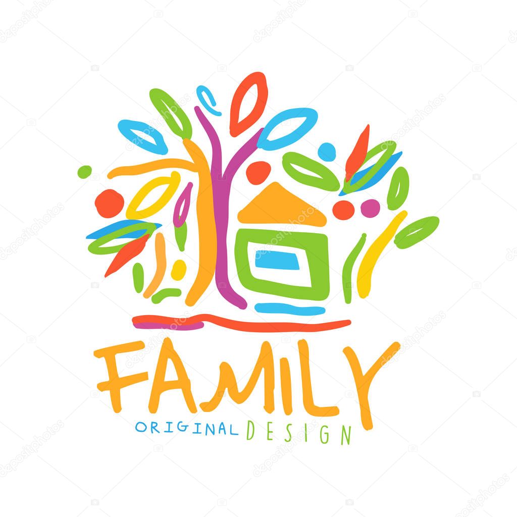 Colorful logo with family house and trees. Original design template. Label for greeting card, medicine service, creative hub, real estate. Family care concept. Kids doodle. Flat vector illustration.