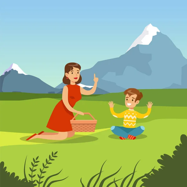 Šťastný matka a syn pikniku — Stockový vektor