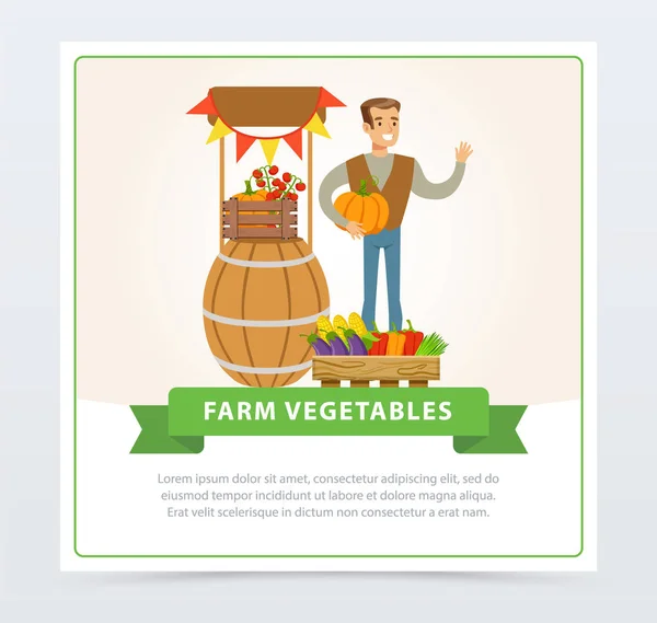 Usmívající se muž farmář charakter prodává čerstvé farmě zeleniny — Stockový vektor