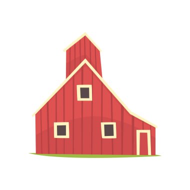 Red barn house, wooden agricultural building cartoon vector Illustration