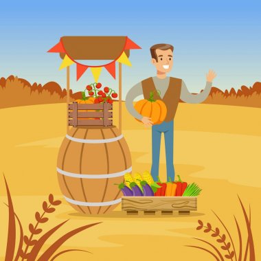Çiftçi adam satan taze sebze onun çiftlik, tarım ve tarım, kırsal manzara illüstrasyon vektör