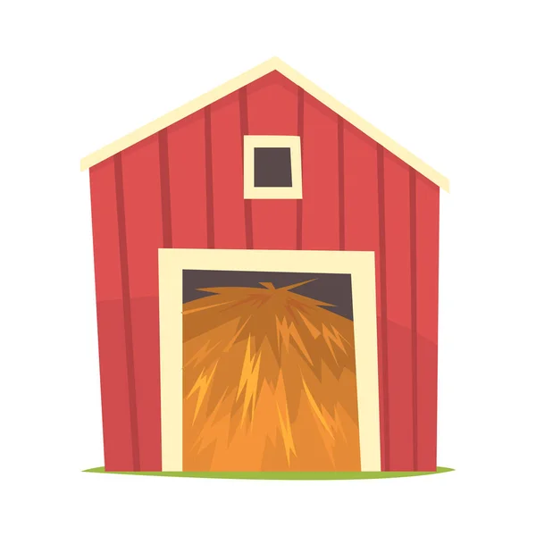 Red barn with hay, wooden agricultural building cartoon vector Illustration — Stock Vector