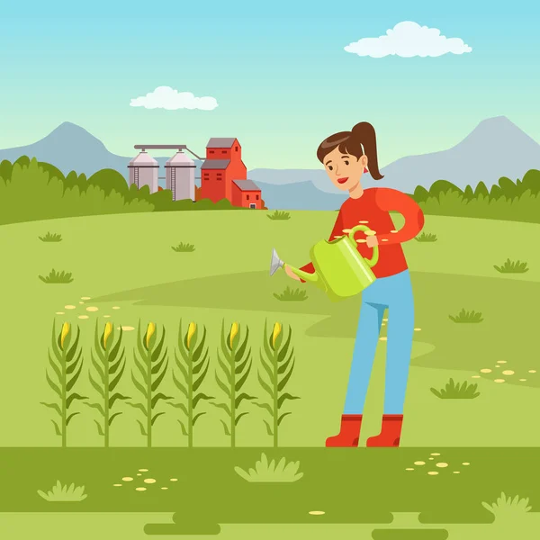 Farmář žena zalévání rostliny kukuřice s konev, zemědělství a farmářství, venkovské krajiny vektorové ilustrace — Stockový vektor