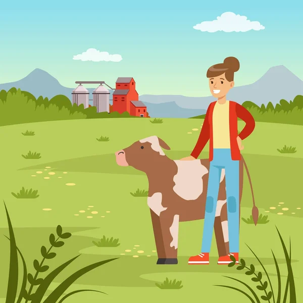 Farmář žena stojící wiyh kráva, zemědělství a farmářství, venkovské krajiny vektorové ilustrace — Stockový vektor
