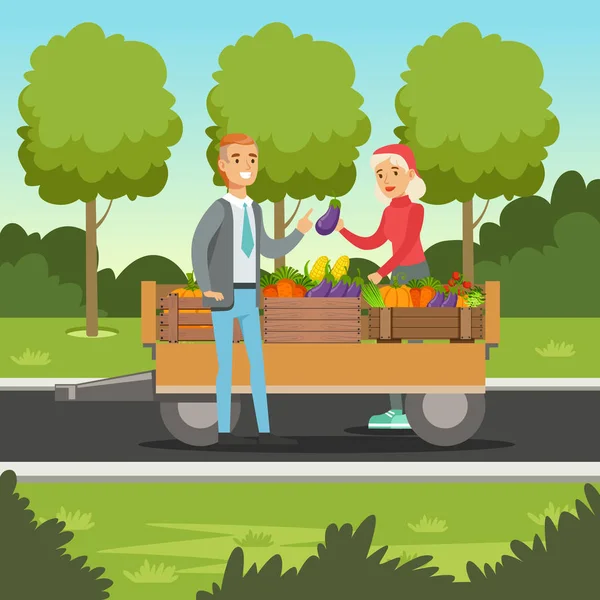 Mulher agricultora vendendo legumes de carrinho de madeira, mercado local de agricultores com um cliente, agricultura e agricultura, vetor Ilustração — Vetor de Stock