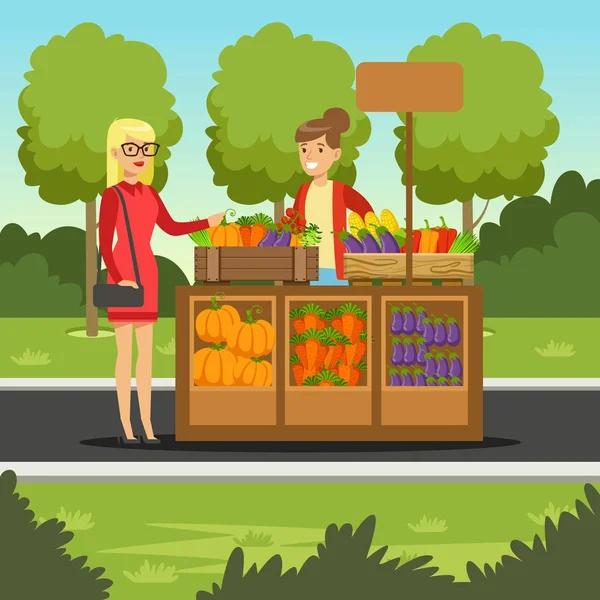 Vrolijke boer vrouw verkoop van groenten op haar stal, lokale boeren markt met een klant, de landbouw en de landbouw vector illustratie — Stockvector