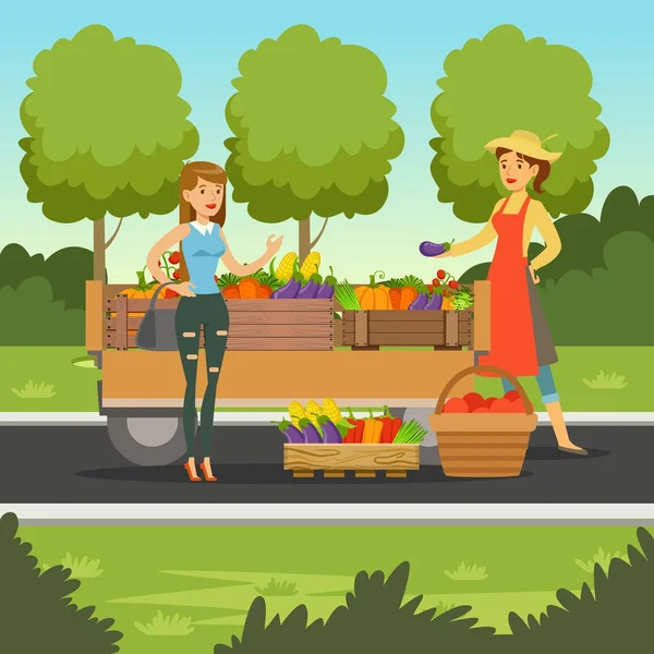 Farmer woman selling fresh vegetables from wooden cart, local farmers market with a customer, agriculture and farming, vector Ilustração — Vetor de Stock