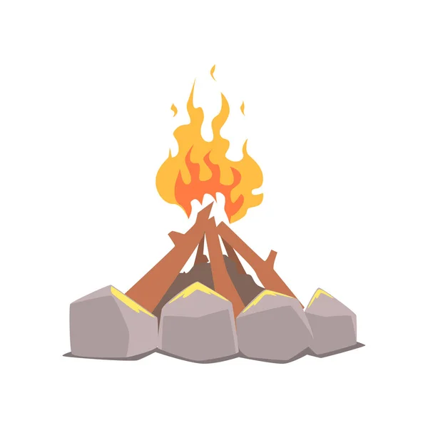 Táborák, camping ohně obklopené kameny kreslené vektorové ilustrace — Stockový vektor
