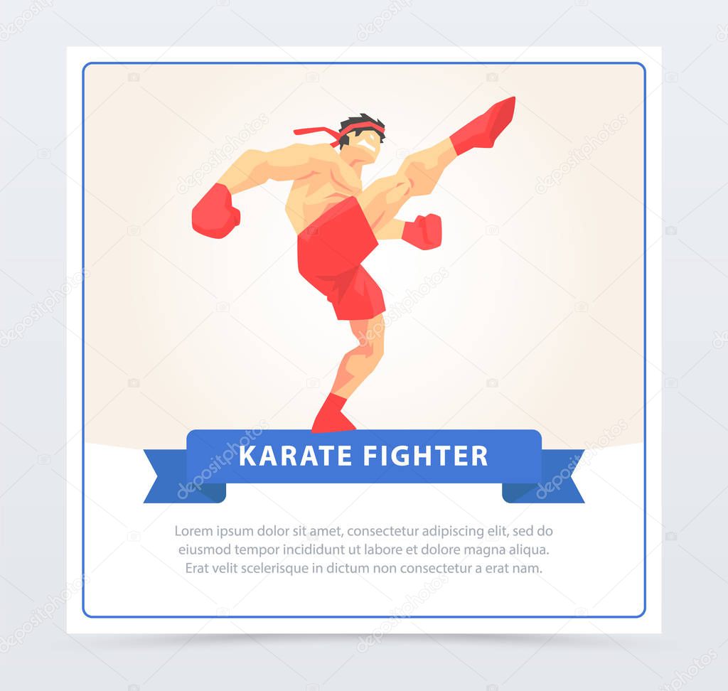 Man in red boxing gloves training, karate fighter banner cartoon vector element for website or mobile app